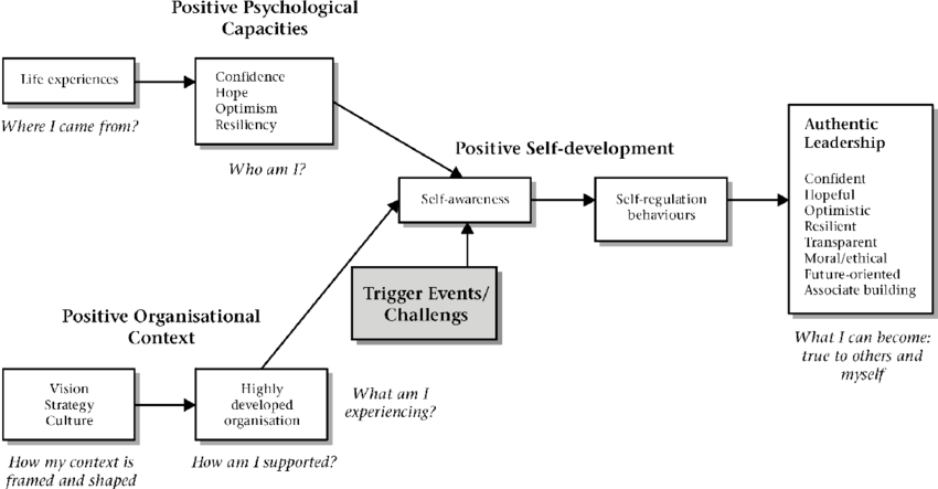 Flowchart. One start: Life experiences (i.e., Where I came from?) leads to Confidence, Hope, Optimism, and Resiliency (i.e., Who am I?). These are under the label "Positive Psychological Capacities." A second start: Vision, Strategy, and Culture (i.e., How my context is framed and shared) leads to Highly developed organisation (i.e., How am I supported?). These are under the label "Positive Organisational Context." Both starts lead to Self-awareness and so does Trigger Events/Challenges (i.e., What am I experiencing?). Self-awareness leads to Self-regulation behaviors leads to Authentic Leadership with the list Confident, Hopeful, Optimistic, Resilient, Transparent, Moral/ethical, Future-oriented, and Associate building (i.e., What I can become: true to others and myself).